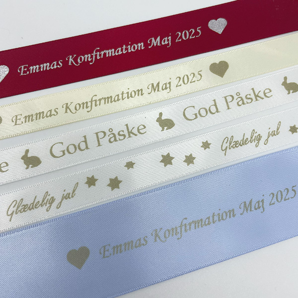 Satin bånd 25mm med eget design, etfarvet (folietryk), 5 meter