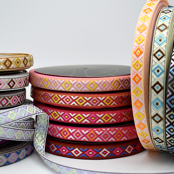 Jacquard bånd, 13mm, magenta/gul/sølv